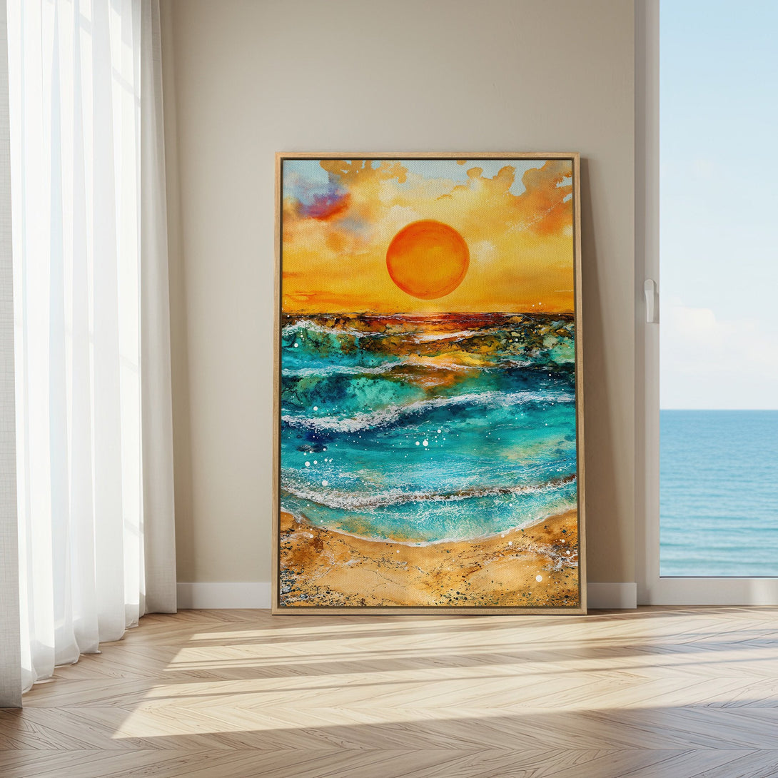 Framed Wall Art: Stunning sunset beach scene in vibrant orange, turquoise, and gold. Coastal abstract art canvas print to elevate any space.