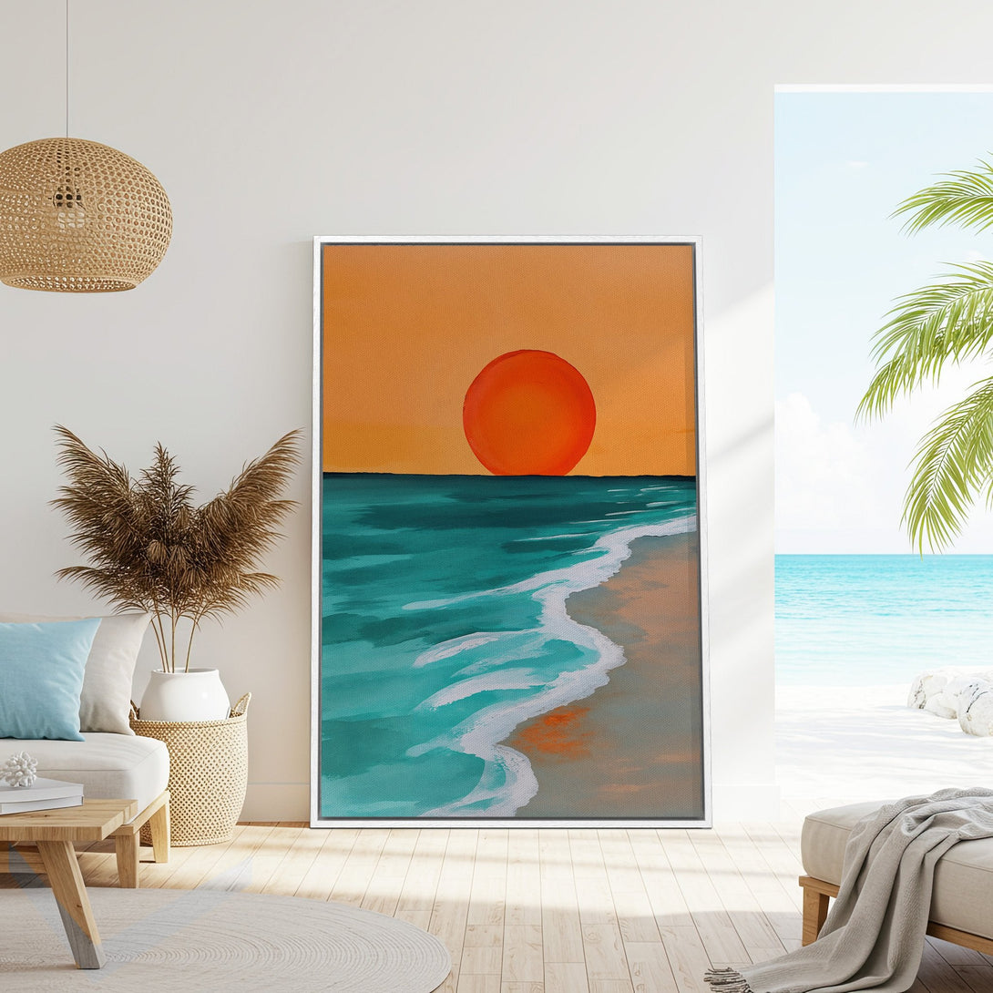 Framed Wall Art: Abstract sunset beach scene in teal and orange. Coastal art print perfect for modern home decor, bringing a calming vibe to any room.