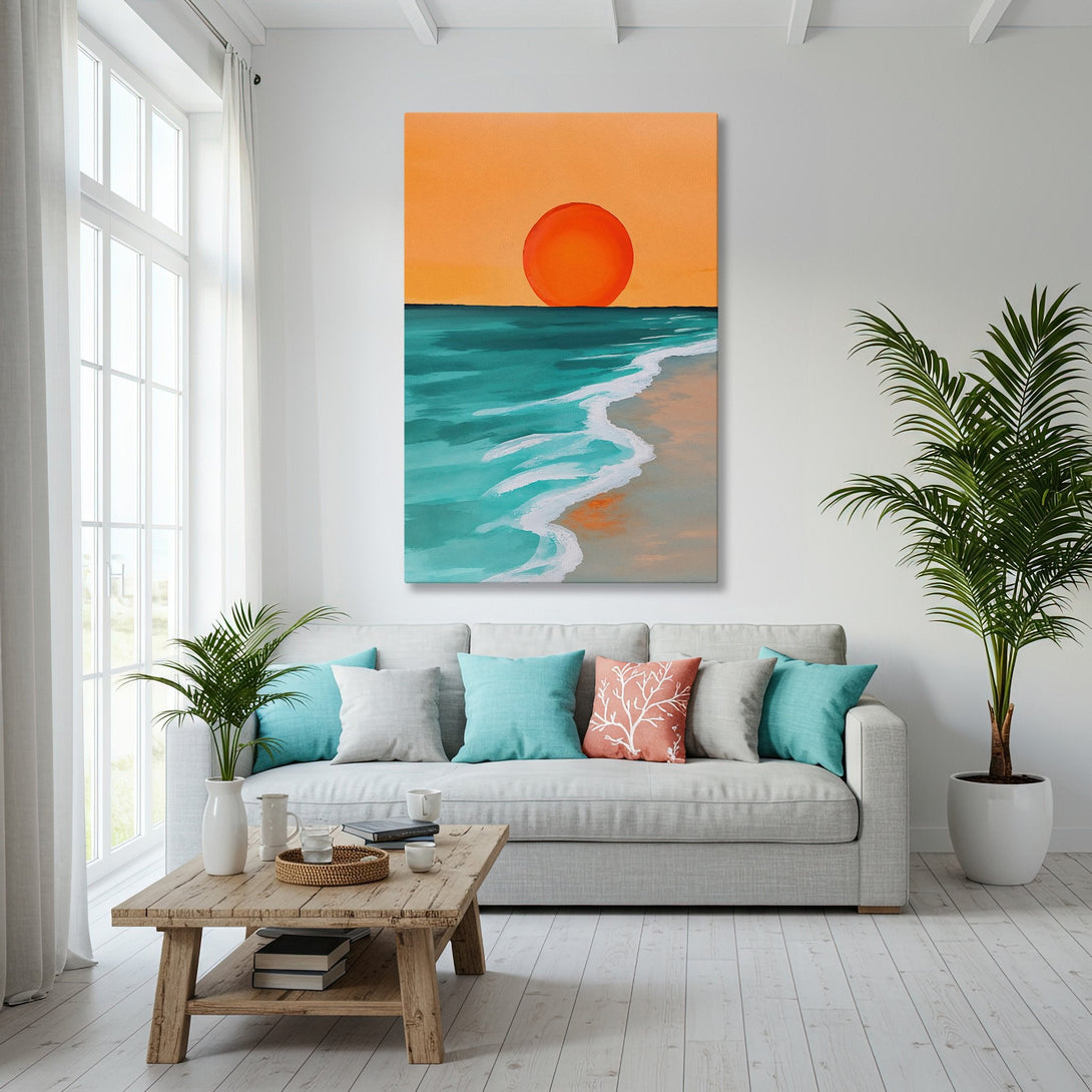 Framed Wall Art: Coastal sunset canvas print in a modern living room. Features orange, teal, and white color palette. Perfect for beach house decor.