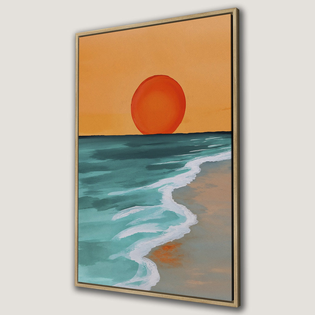 Framed Wall Art: Sunset beach scene in warm orange and teal hues. Modern abstract painting style Canvas Print for your home decor.