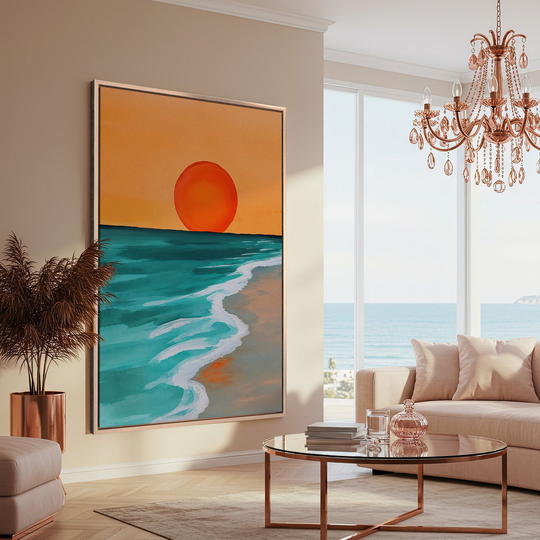 Framed Wall Art: Sunset beach scene canvas print in a modern interior. Vibrant orange, teal, and beige color palette. Perfect for coastal decor.