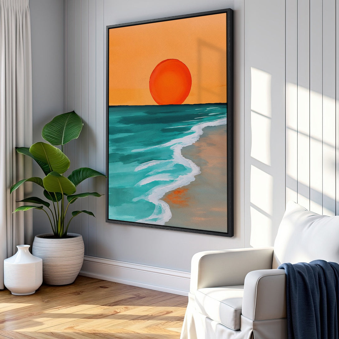 Framed Wall Art: Abstract sunset beach scene with orange, teal, and beige tones. Modern art canvas print adds a pop of color to any living space.