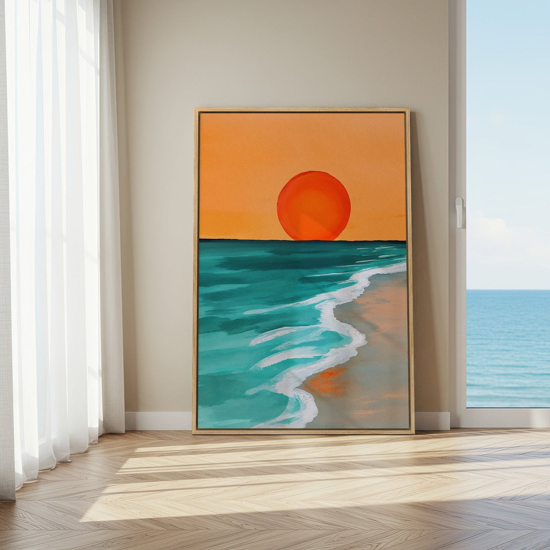 Framed Wall Art: Abstract sunset beach scene with orange, teal, and white hues. Modern art canvas print for coastal decor.