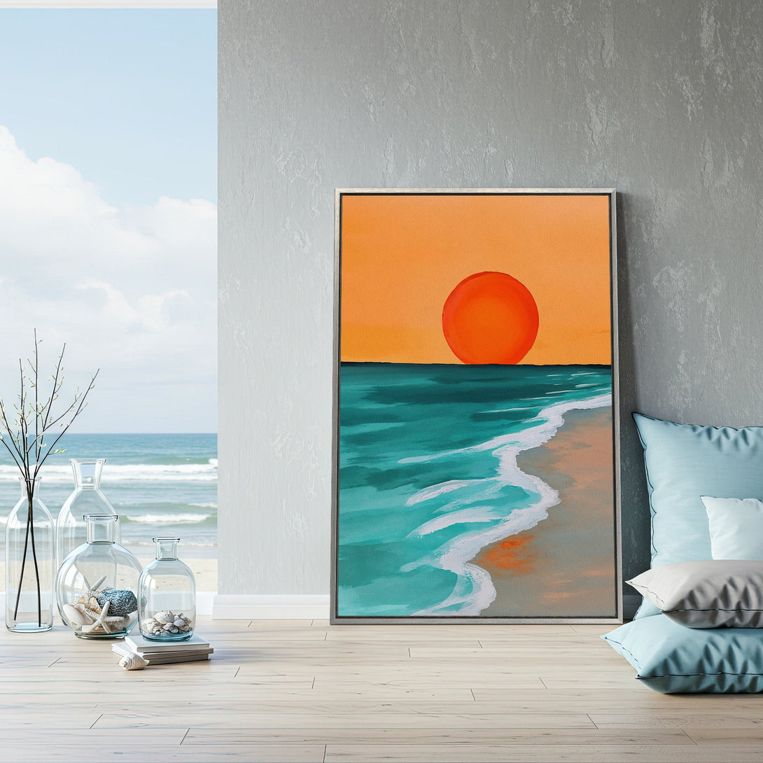 Framed Wall Art: Coastal sunset scene in orange & teal. Modern canvas print adds a pop of color to any space. Perfect for beach house or living room decor.
