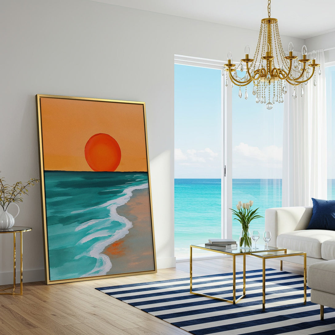 Coastal Canvas Print featuring a sunset over the ocean. Modern art with turquoise, orange, and white color palette. Perfect for living room decor.