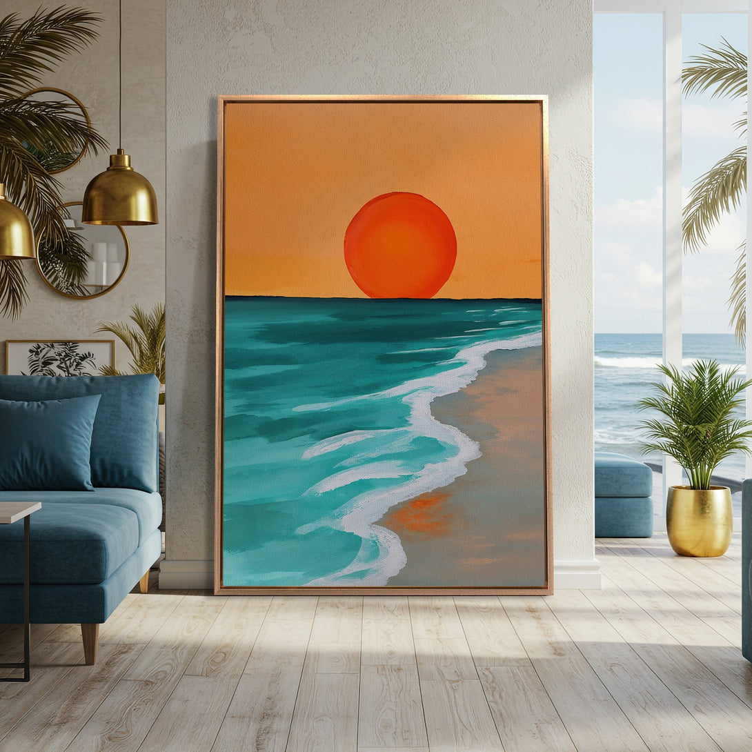 Framed Wall Art: Abstract sunset beach scene in warm orange, teal, and white. Modern art canvas print for coastal decor.