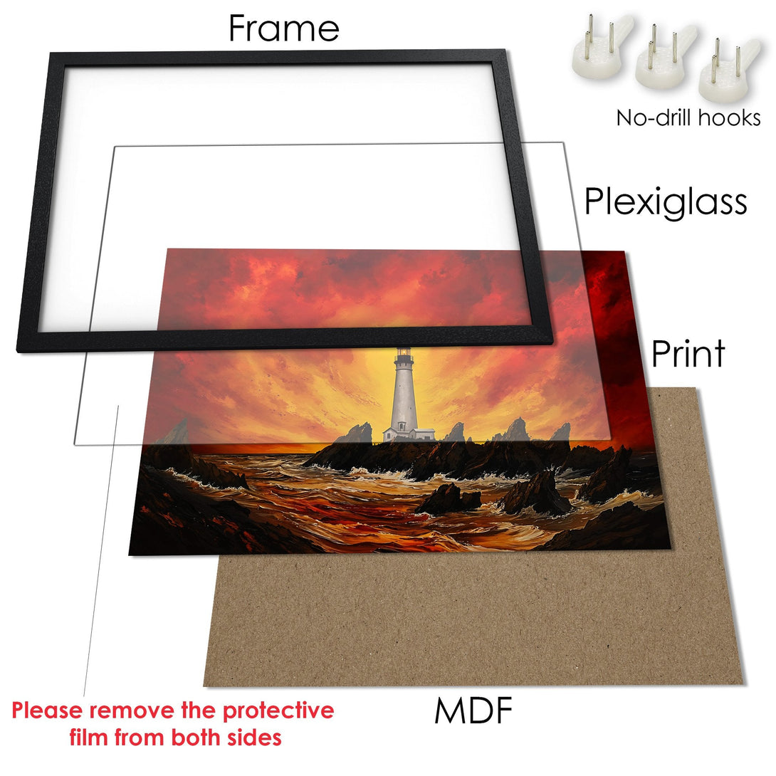 Framed Poster of a lighthouse at sunset. Dramatic style, warm orange and red color palette. Perfect wall art.