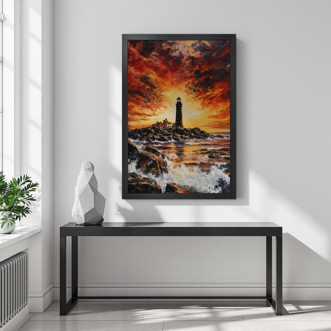 Framed Poster of a lighthouse at sunset. Dramatic, impressionistic style with fiery orange and red hues. Perfect wall art!