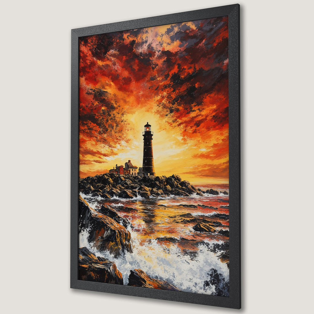Framed Poster of a lighthouse painting. Dramatic, impressionistic style with a fiery orange and red color palette. Coastal art for your home.