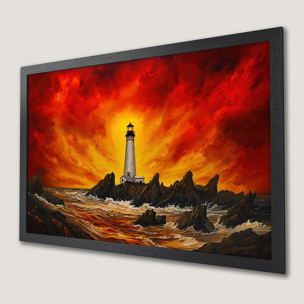 Framed Poster of a lighthouse against a fiery sky. Dramatic art print in warm red and orange tones. Coastal wall art.