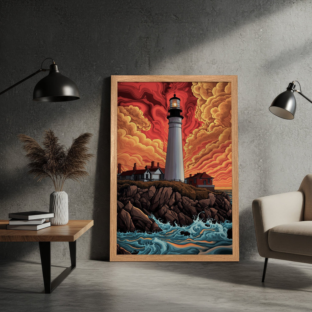 Framed Poster of a lighthouse art print. Vibrant, stylized artwork with red, orange, and blue color palette. Perfect wall decor!