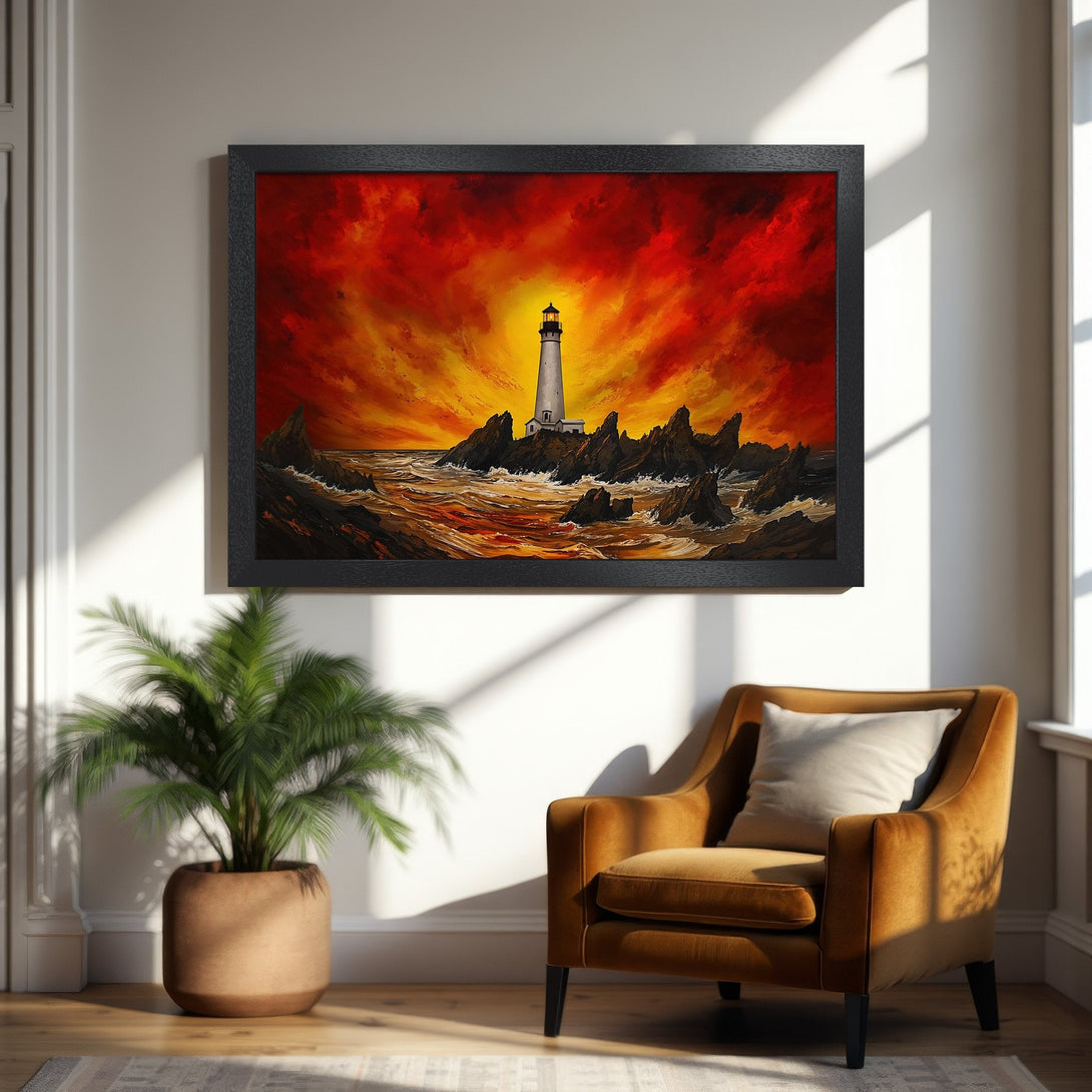 Framed Poster of a lighthouse at sunset, dramatic oil painting style with red and orange hues. Perfect wall art!