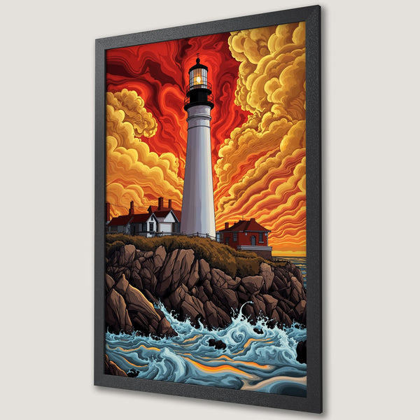 Framed Poster featuring a lighthouse illustration with a dramatic, fiery sky and ocean waves. Bold style, warm red/orange palette.