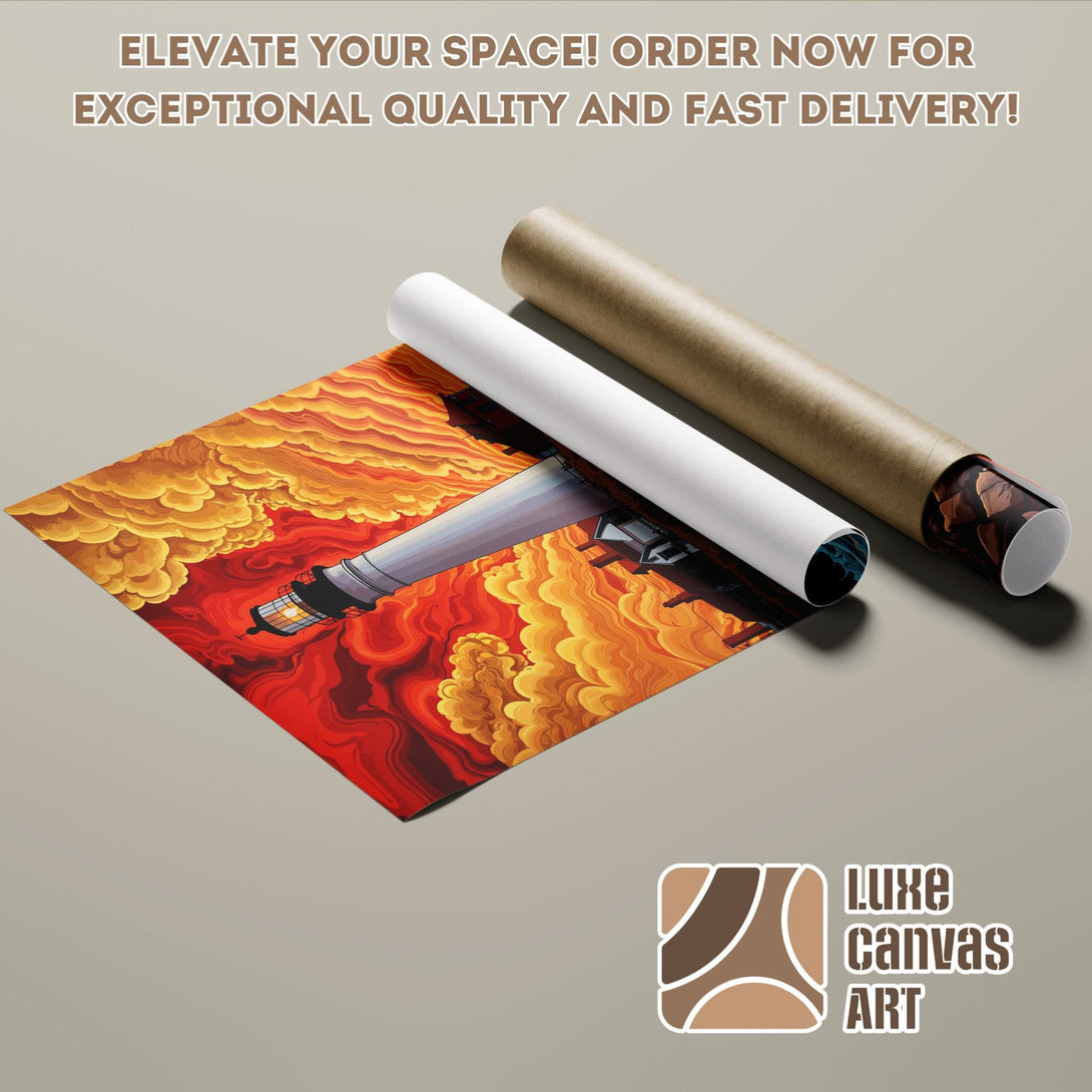 Poster Roll featuring a lighthouse art print in warm red and yellow tones. Perfect wall decor!