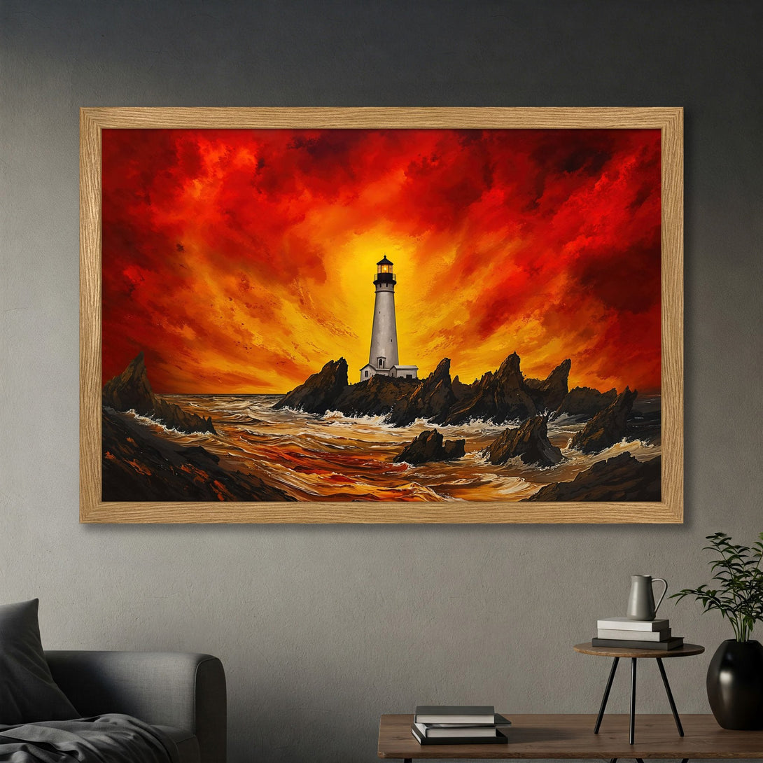 Framed Poster of a lighthouse on fiery sunset. Dramatic art print in red, orange, and yellow hues. Perfect wall decor!