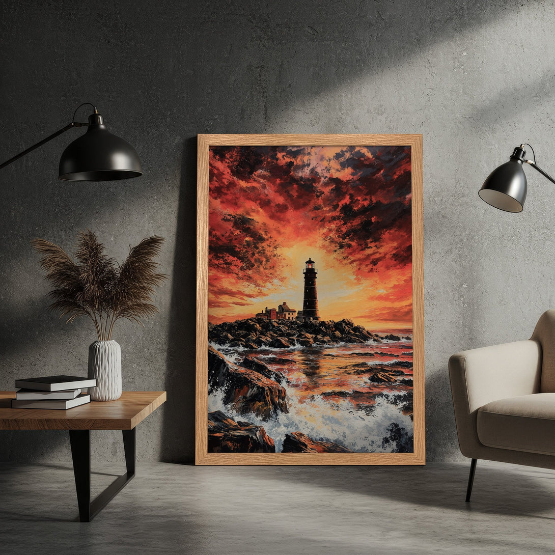 Framed Poster of a lighthouse at sunset. Dramatic painting style with a fiery red and orange color palette. Perfect wall art for home decor.