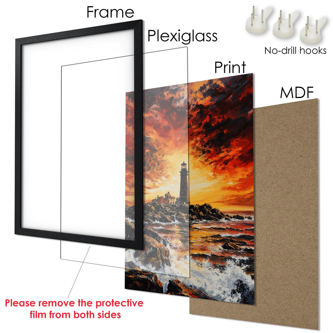 Framed Poster featuring a lighthouse painting in a vibrant, fiery color palette. Perfect wall art to brighten any space!