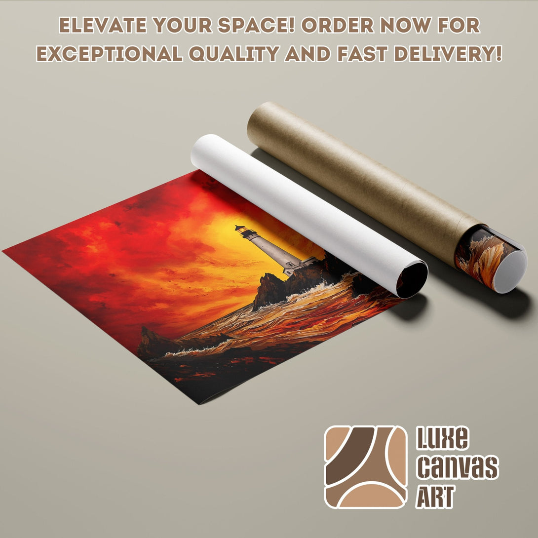 Poster Roll of a lighthouse art print, dramatic style, red and orange color palette.