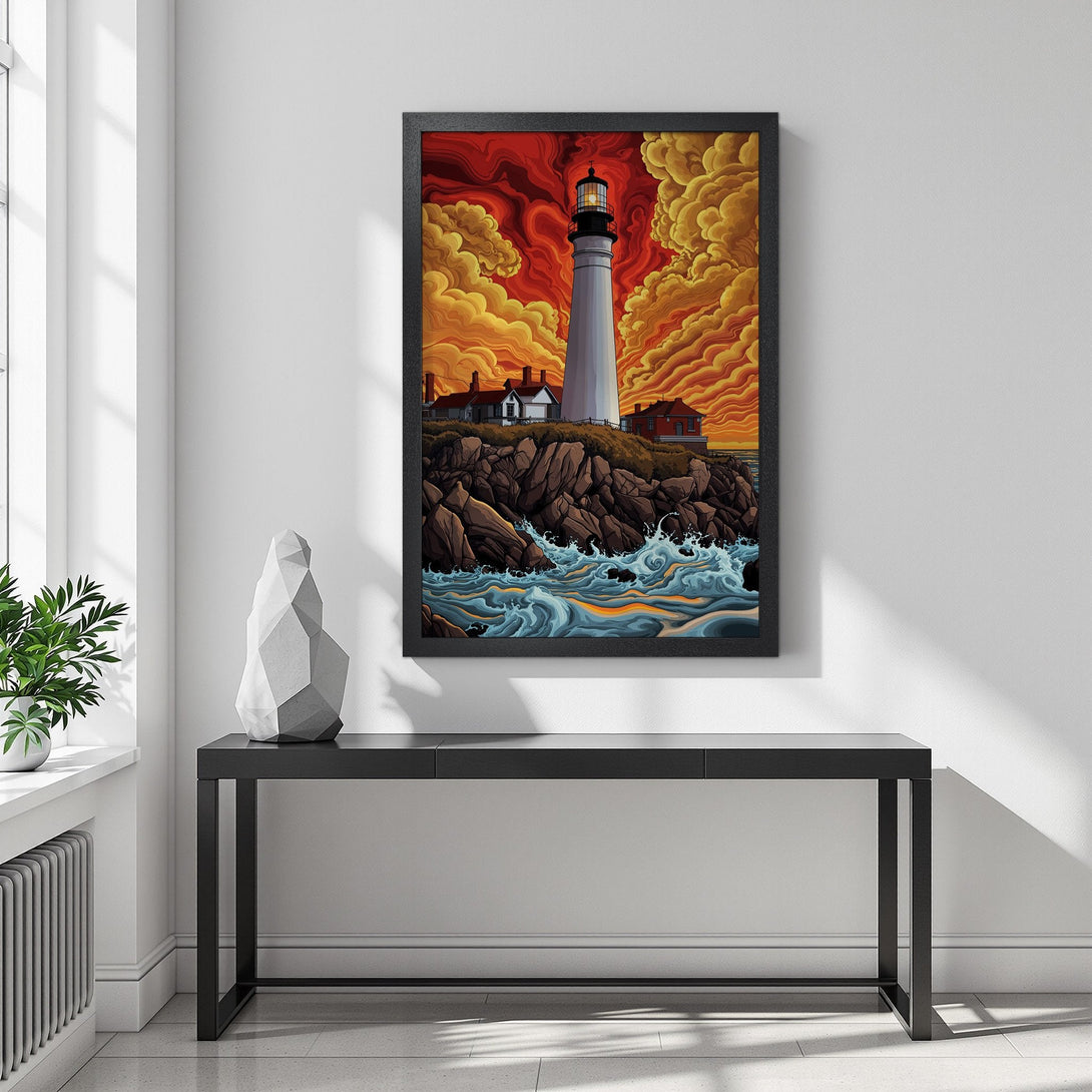 Framed Poster featuring a lighthouse art print in vibrant orange and red tones. Perfect wall art for a pop of color!