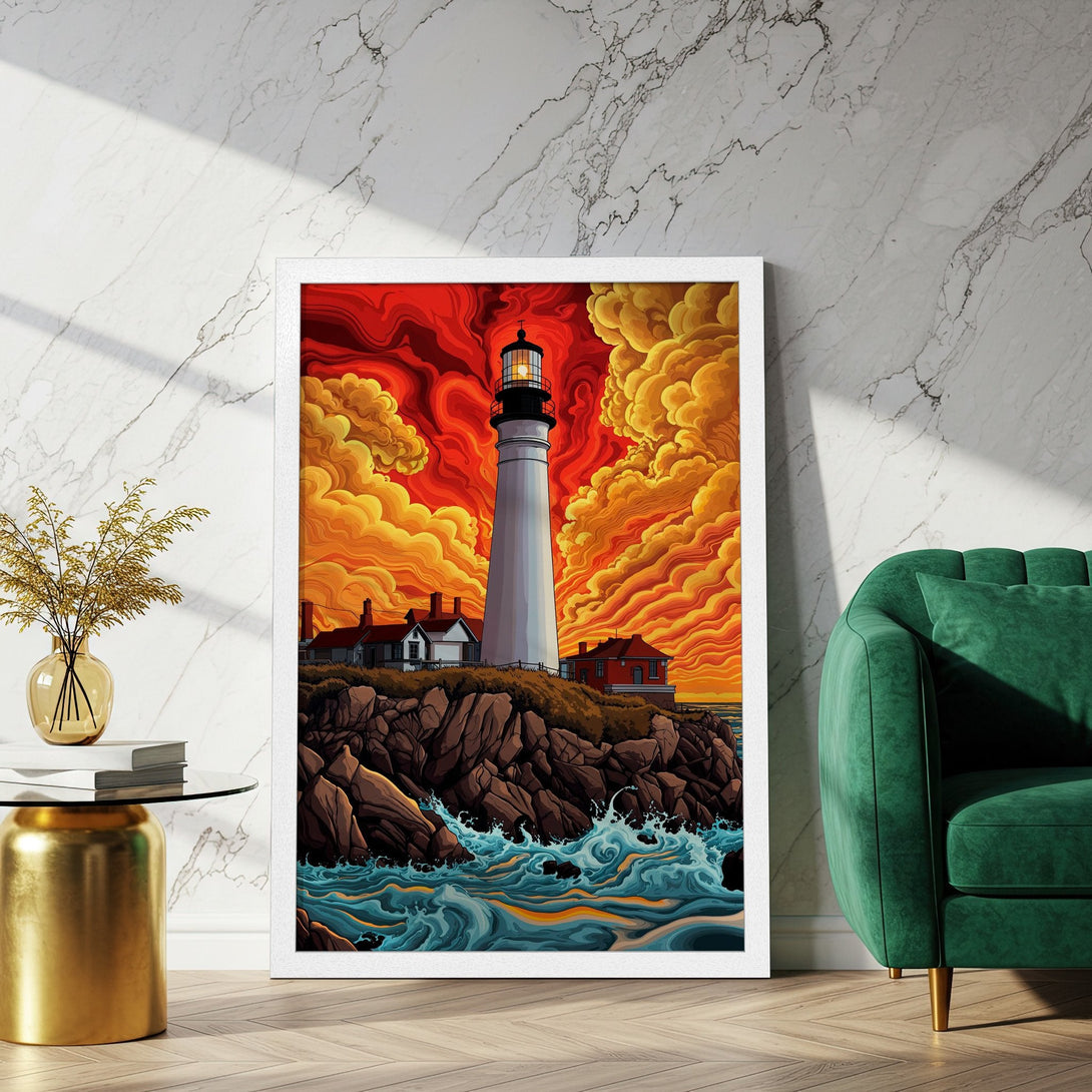 Framed Poster of a lighthouse with vibrant red and yellow sky. Coastal art print in a bold, graphic style. Decorate your space!
