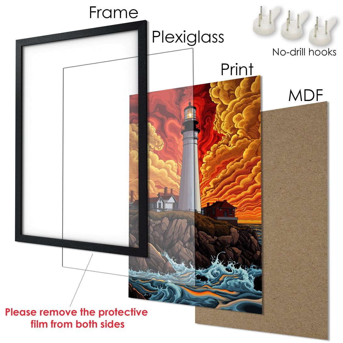 Framed Poster featuring a lighthouse illustration in a vibrant red and orange color palette. Perfect wall art for any space!