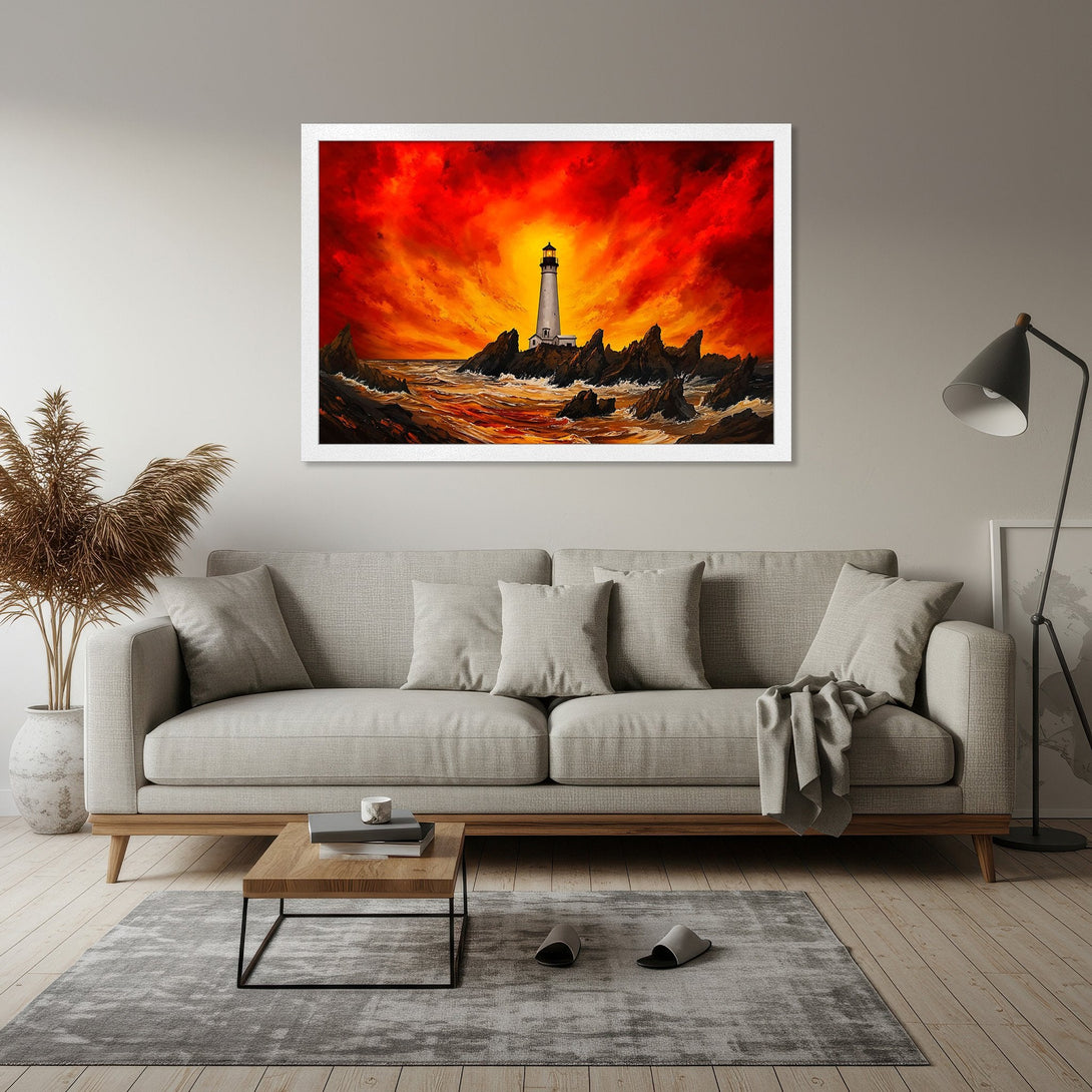 Framed Poster featuring a lighthouse painting with dramatic red sky. Coastal art print, perfect for home decor.
