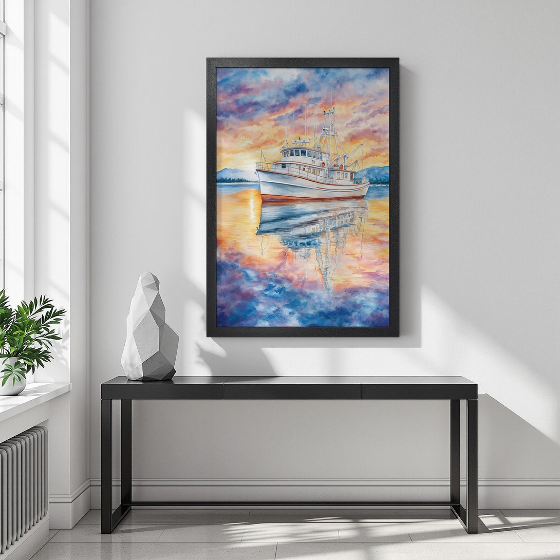 Framed Poster of a boat at sunset. Watercolor style, vibrant orange, blue, and yellow color palette. Perfect wall art for coastal decor.