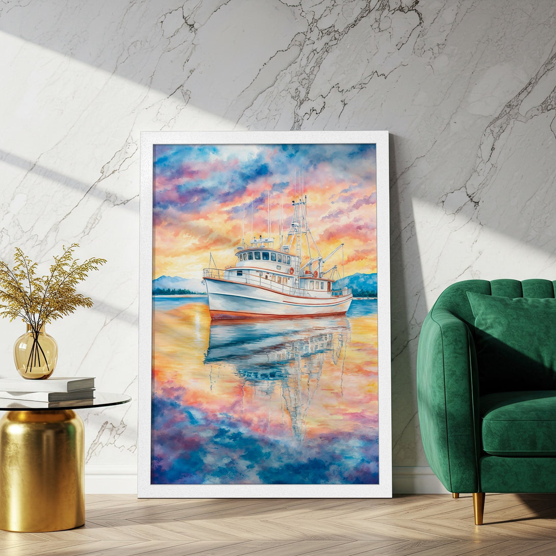 Framed Poster of a boat on water, watercolor style with vibrant sunset colors. Add coastal charm to your space!