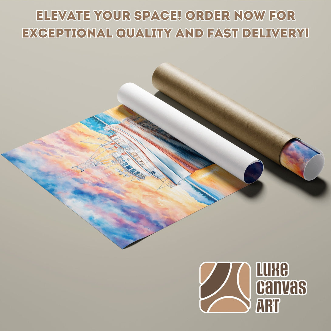 Poster Roll featuring a boat scene in watercolor style, with a vibrant sunset color palette.