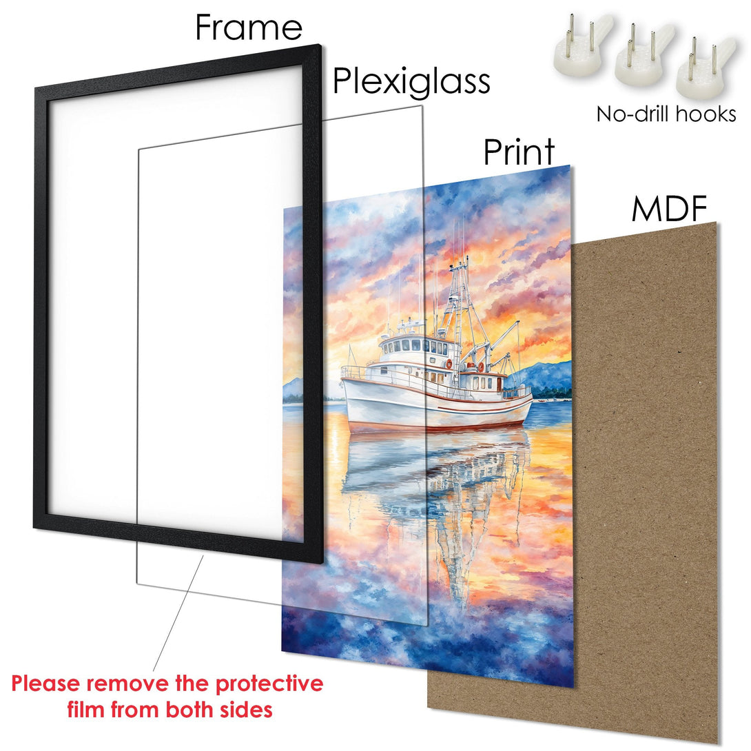 Framed Poster of a boat at sunset. Watercolor style, vibrant orange and blue color palette. Ready to hang art.