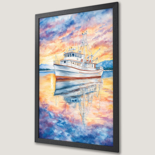Framed Poster featuring a watercolor painting of a boat on the water at sunset. Warm orange, yellow, and blue color palette. Perfect wall art!