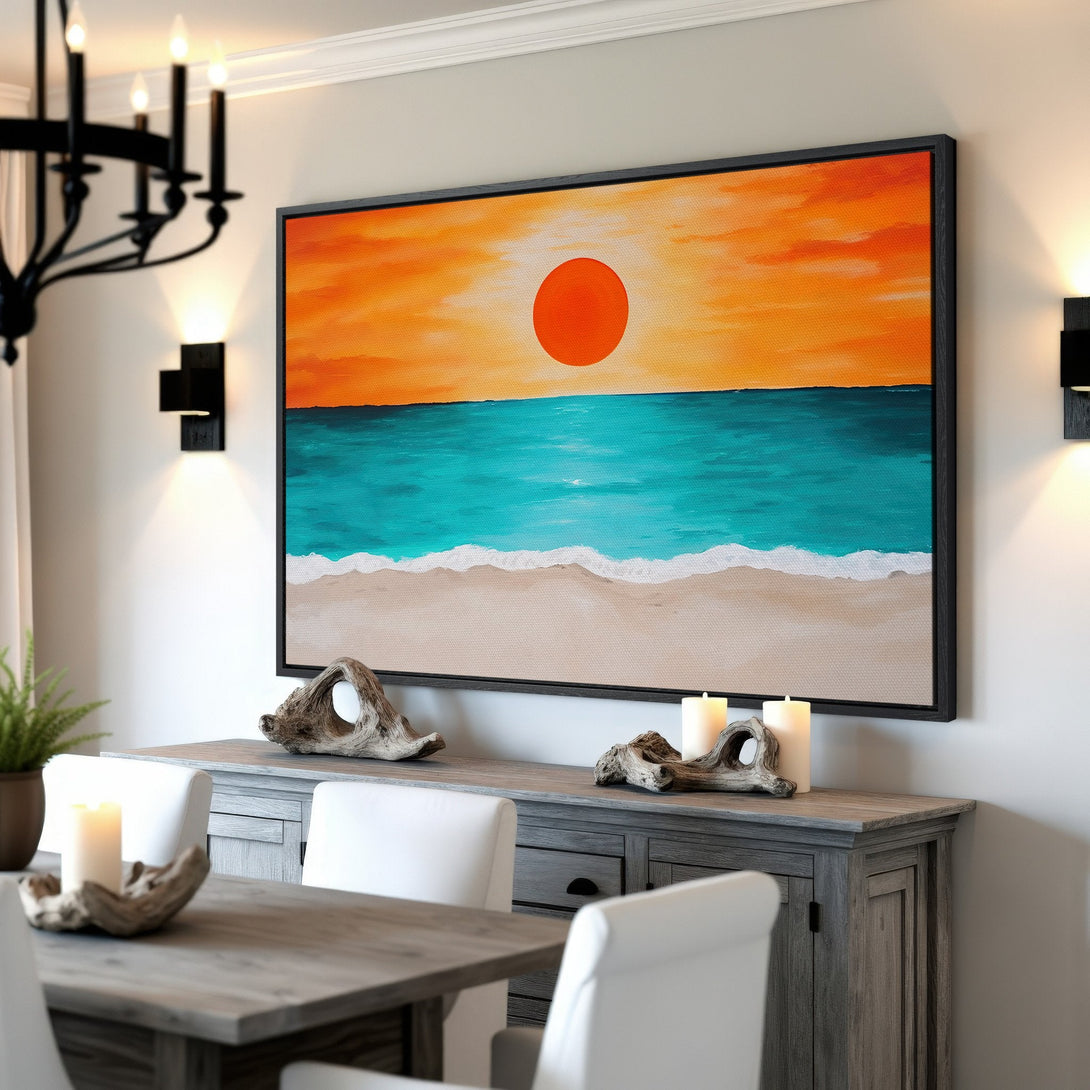 Framed Wall Art: Coastal sunset canvas print with vibrant orange, teal, and beige colors. Modern beach scene art to brighten any room.