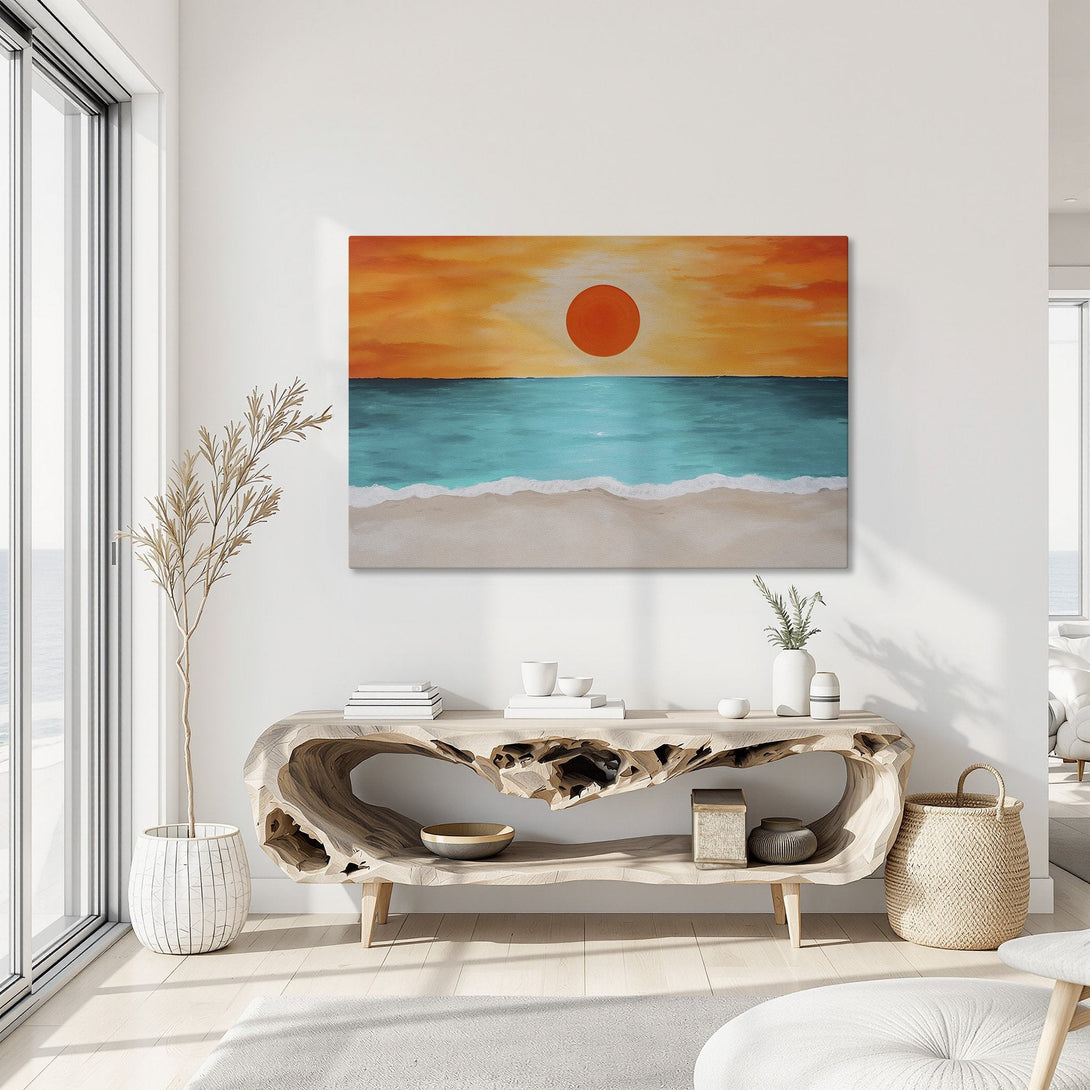 Framed Wall Art: Coastal sunset canvas print with vibrant orange, teal, and white colors. Perfect for adding a touch of serenity to any space.