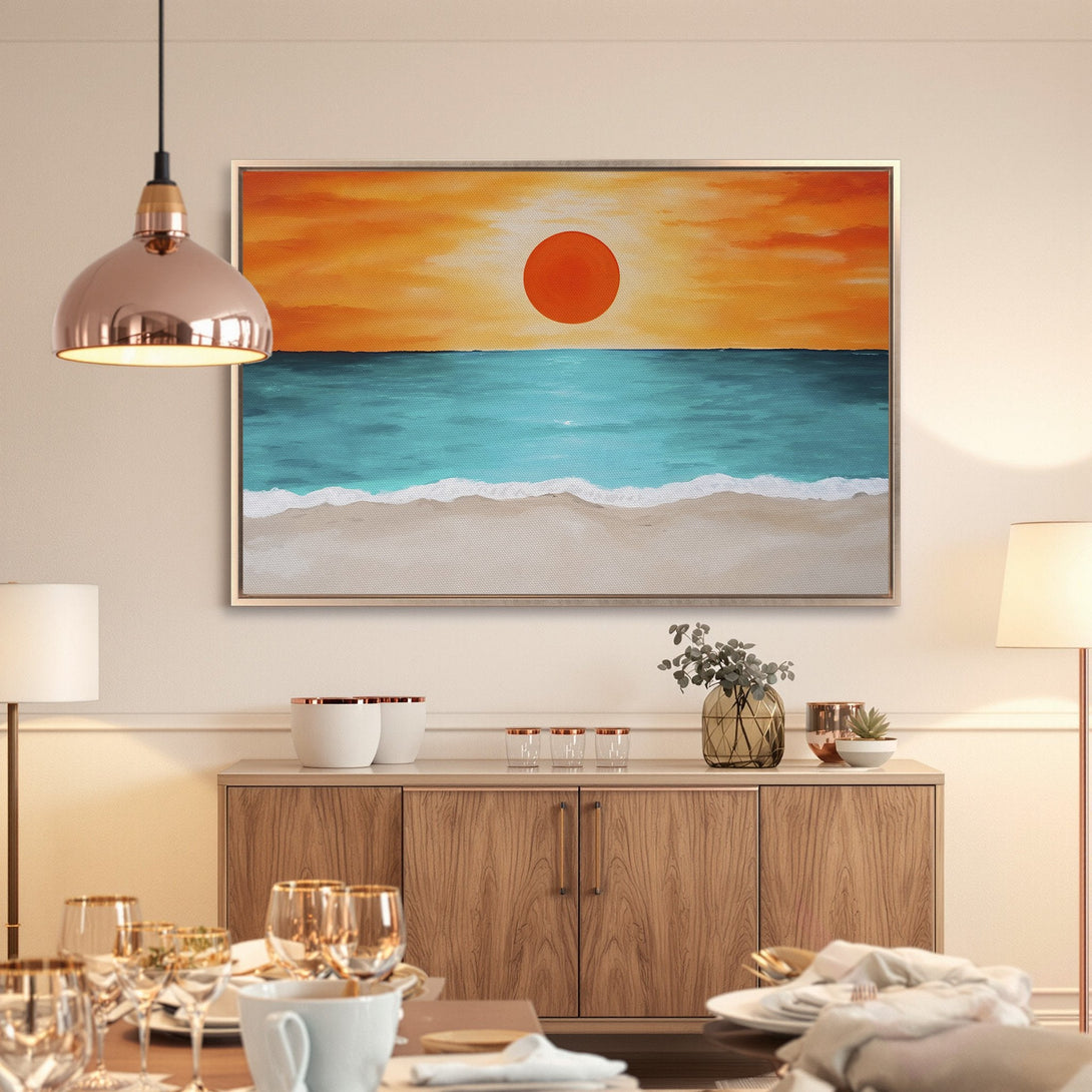 Framed Wall Art: Coastal sunset canvas print in orange, teal, and beige. Modern beach scene for a relaxing interior.