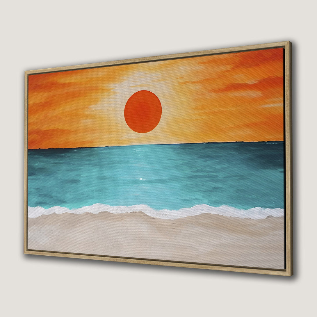 Framed Wall Art: Abstract sunset beach scene in warm orange and teal hues. Perfect coastal decor for a calming vibe. Canvas print available!