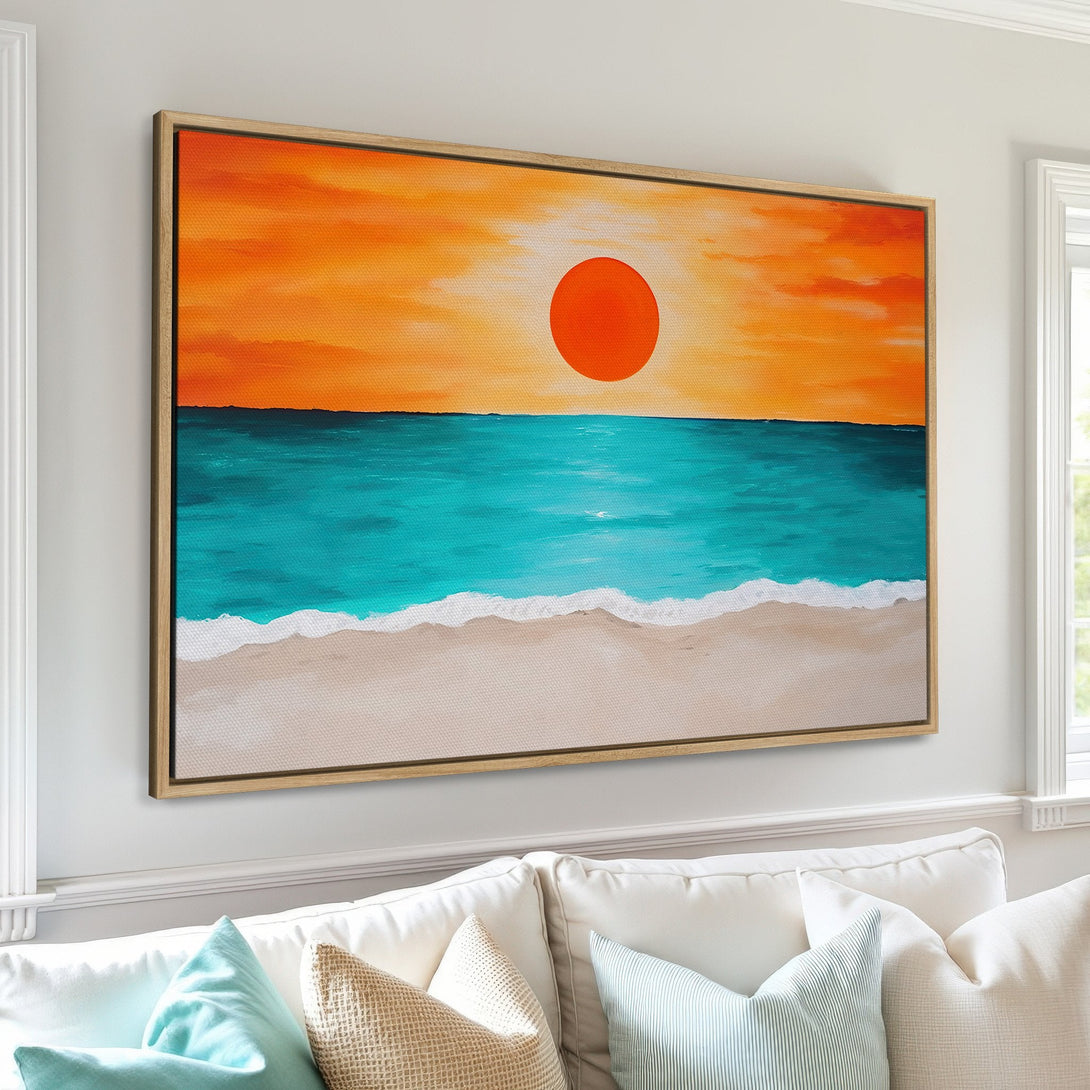 Framed Wall Art: Coastal sunset canvas print in vibrant orange and teal. Modern beach scene art for a relaxing home decor vibe.