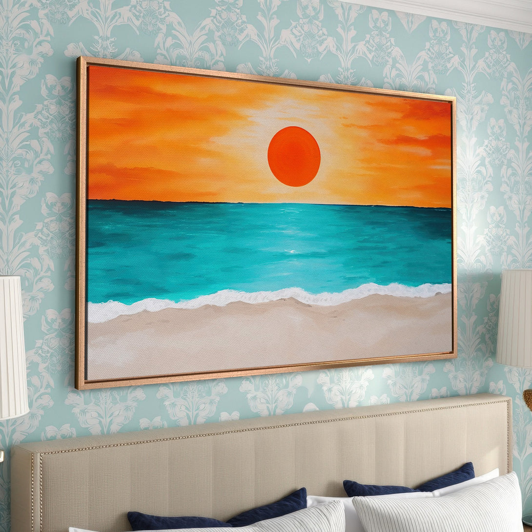 Framed Wall Art: Coastal sunset painting in vibrant orange, turquoise, and beige. Modern art for a calming bedroom. Add a touch of paradise to your decor!