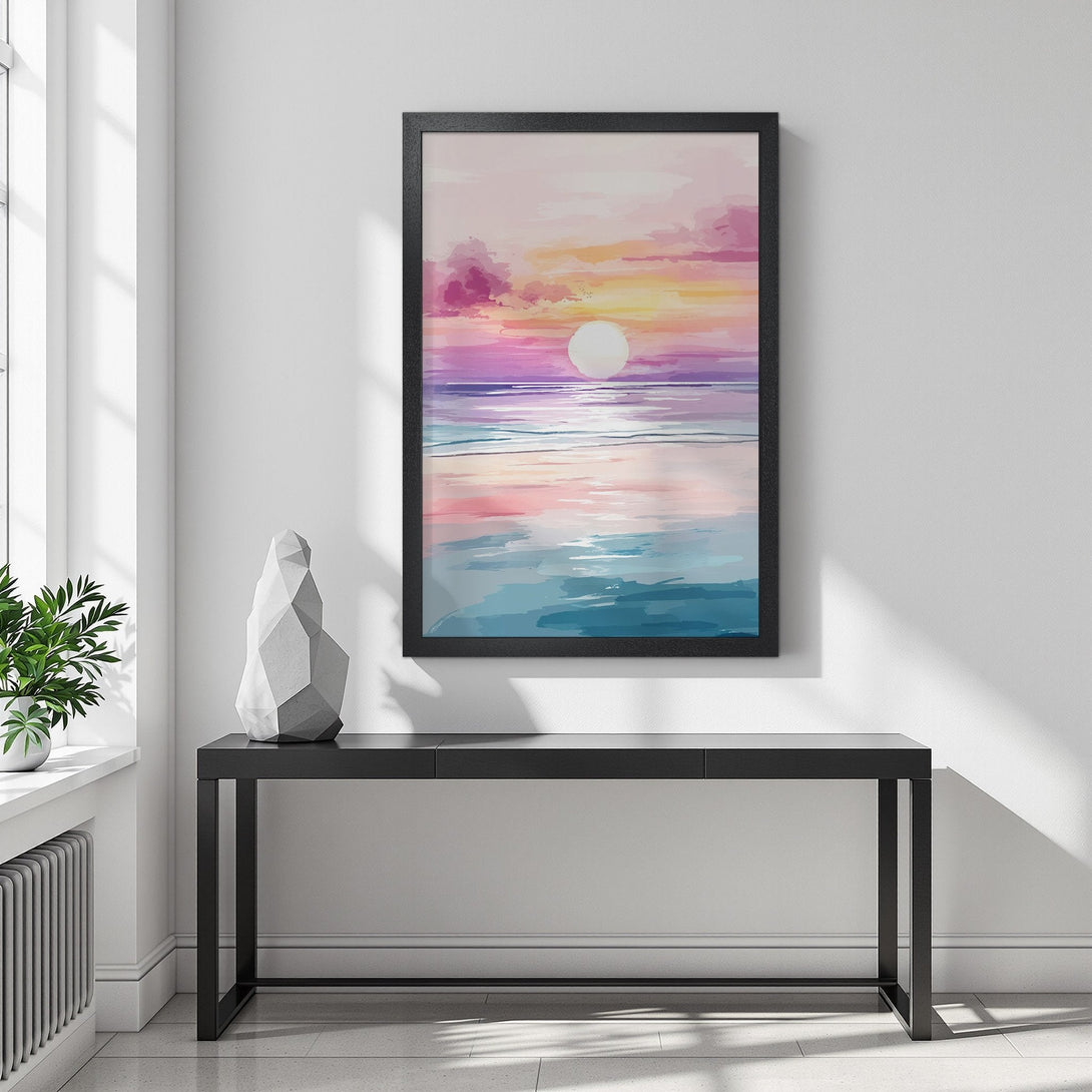 Framed Poster featuring a watercolor sunset over the ocean. Soft pastel colors of pink, purple, and blue create a calming aesthetic. Perfect wall art!