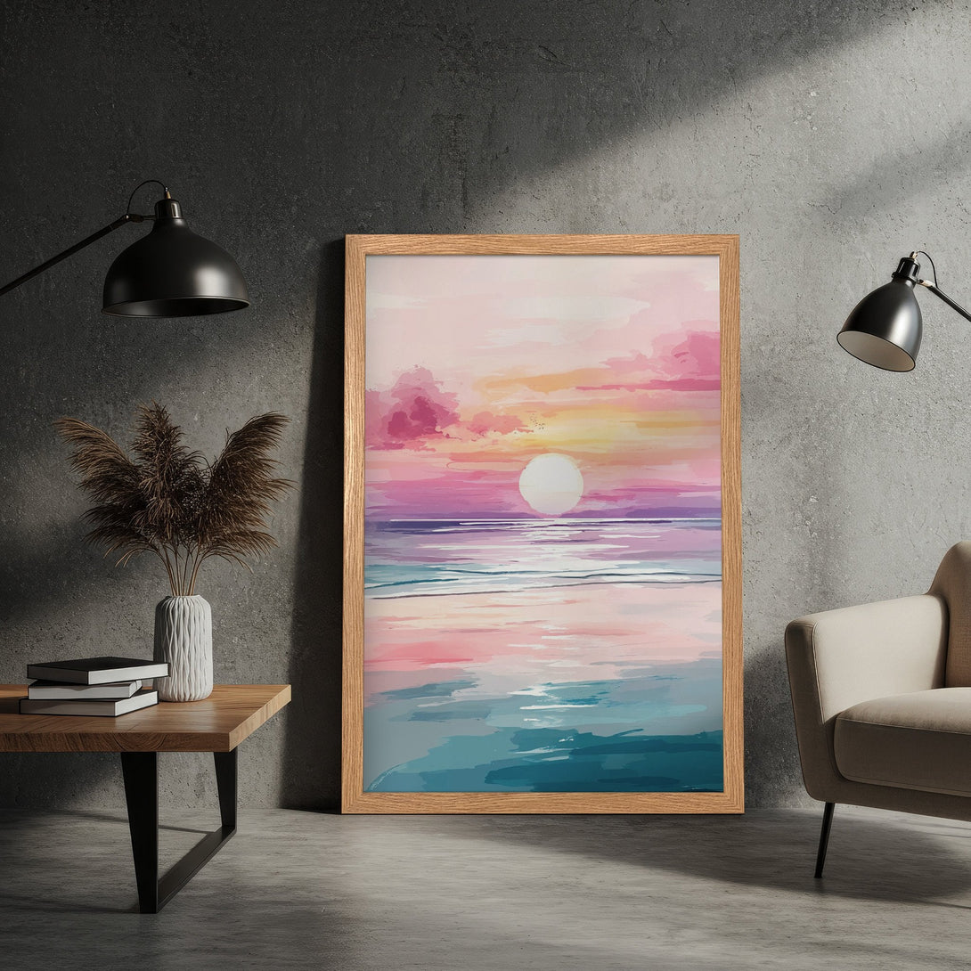 Framed Poster featuring a sunset beach scene in watercolor style, with a pink, purple, and teal color palette. Perfect wall art!