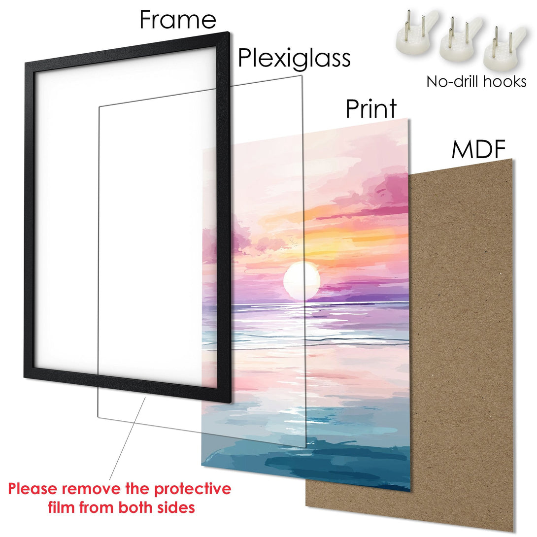 Framed Poster: Watercolor sunset art print in pink, orange, and blue. Perfect wall decor for your home!