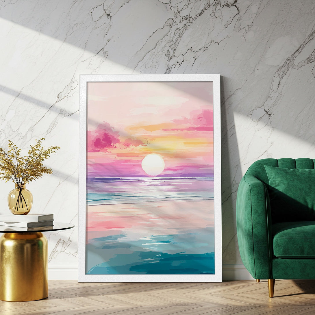 Framed Poster featuring a sunset landscape in a watercolor style with a pink, purple, and teal color palette. Perfect wall art!