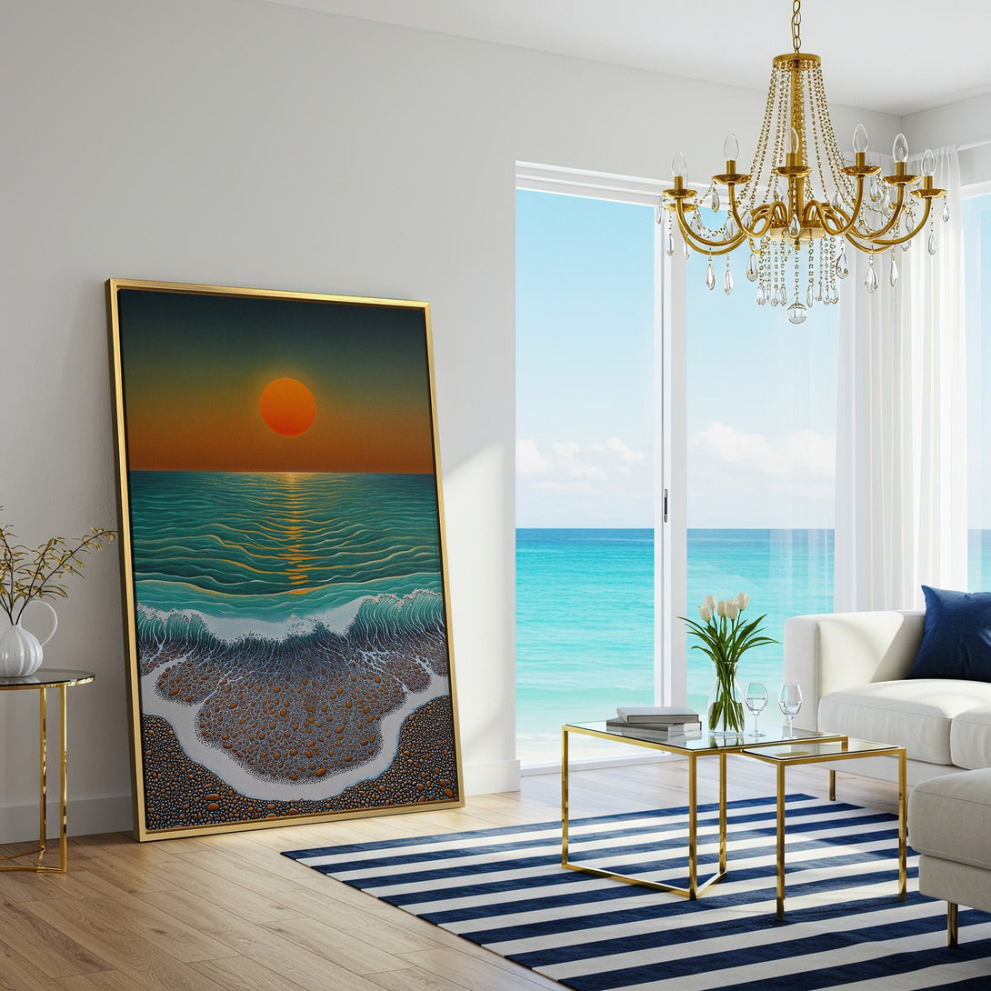 Canvas Print of a sunset over the ocean. Coastal art in teal, orange, and brown tones. Modern, minimalist style for home decor.