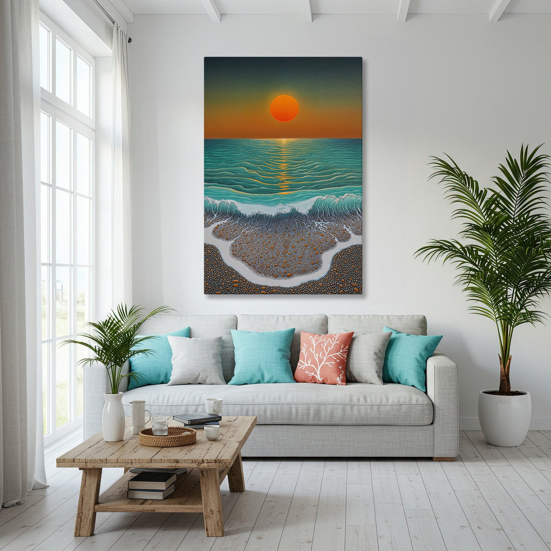 Framed Wall Art: Coastal sunset scene in a modern living room. Turquoise, orange, and gold color palette. Enhance your space with this beautiful canvas print!