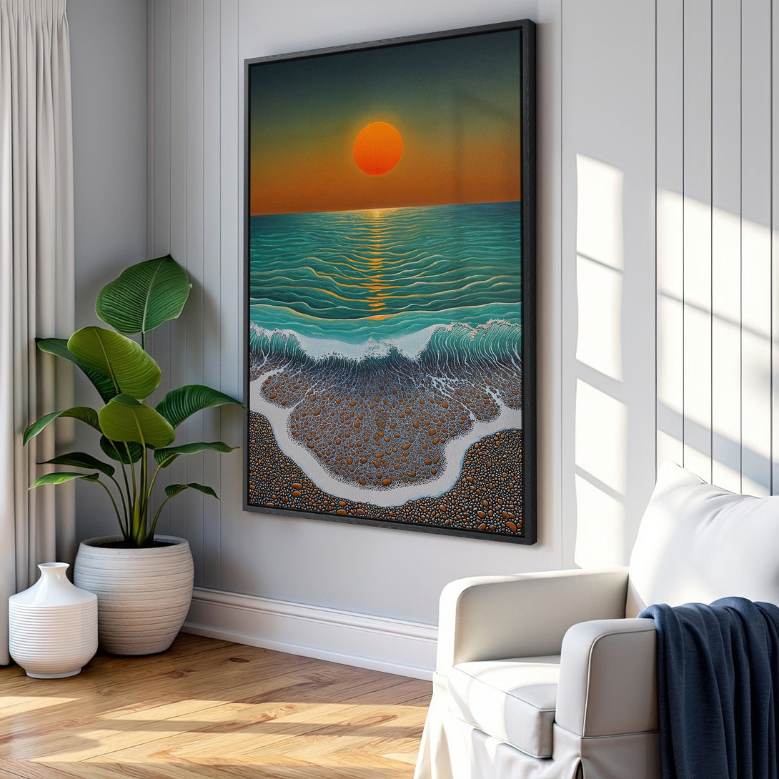 Framed Wall Art: Stunning sunset beach scene in teal, orange, and brown. Coastal art print adds a calming touch to any space. Shop now!