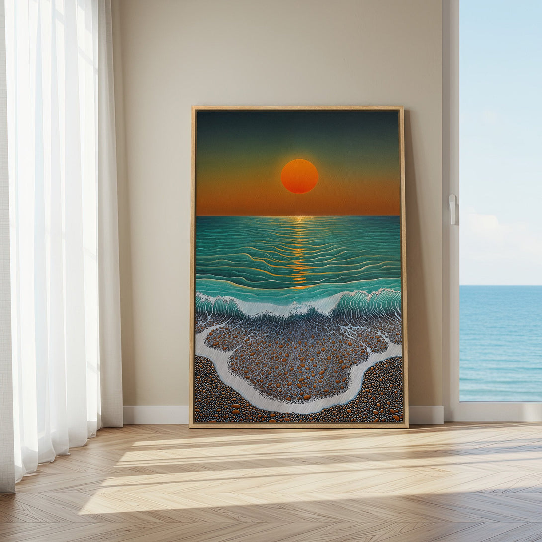 Framed Wall Art: Sunset over the ocean. Coastal style canvas print with warm orange, teal, and brown tones. Perfect for adding a calming touch to your space.