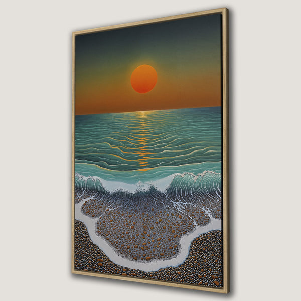 Framed Wall Art of a sunset over the ocean. Coastal art with teal, orange, and brown color palette. Perfect for adding a calming touch to your home.