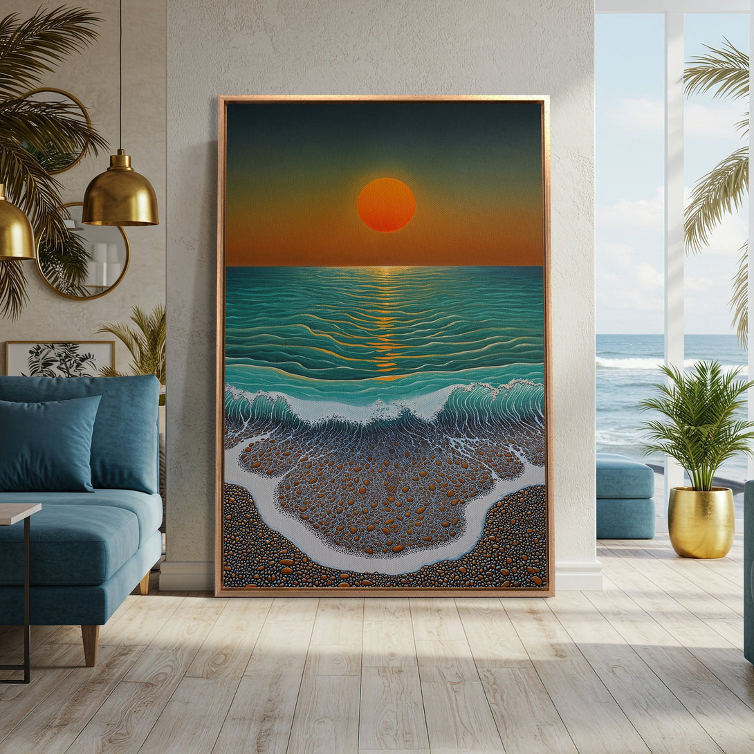 Framed Wall Art: Coastal sunset scene in turquoise, orange, and brown tones. Modern art print adds a touch of serenity to any space. Shop now!