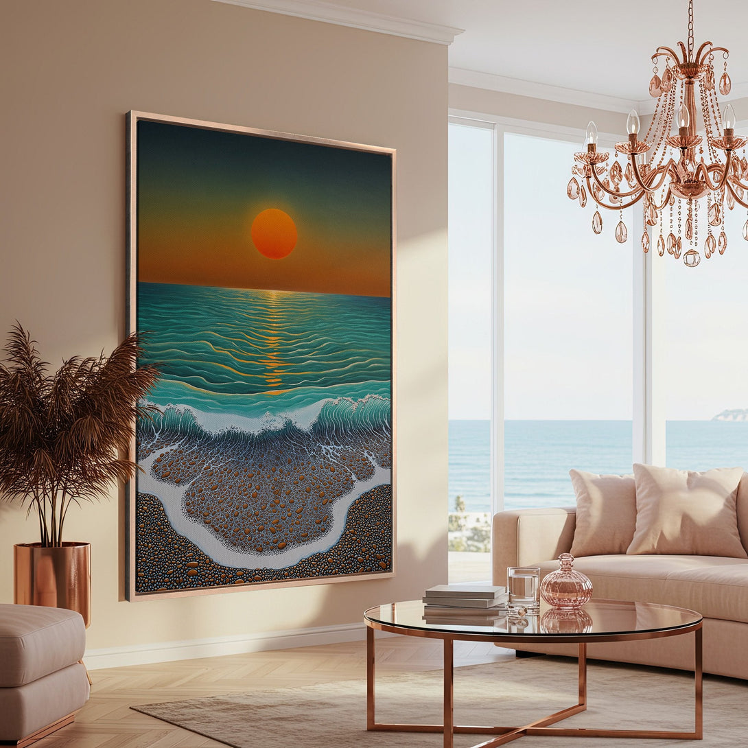 Framed Wall Art: Coastal sunset Canvas Print in warm orange and teal hues. Modern art for a serene living room.