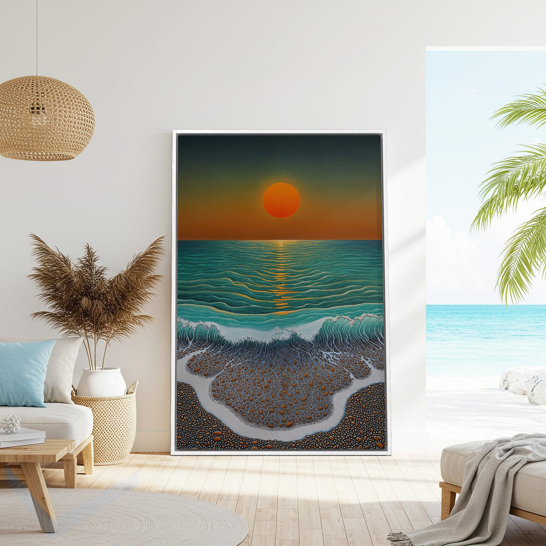 Framed Wall Art of a sunset over the ocean, featuring turquoise and orange hues. Coastal art style, perfect for adding a serene touch to any space.