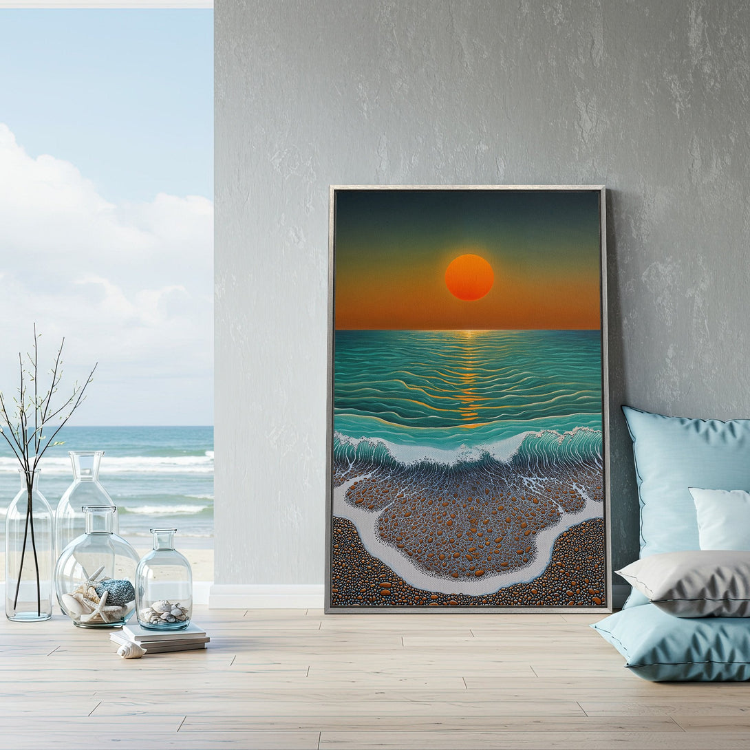 Framed Wall Art: Coastal sunset canvas print in a modern interior. Features a vibrant orange, teal, and brown color palette, perfect for beach-themed decor.